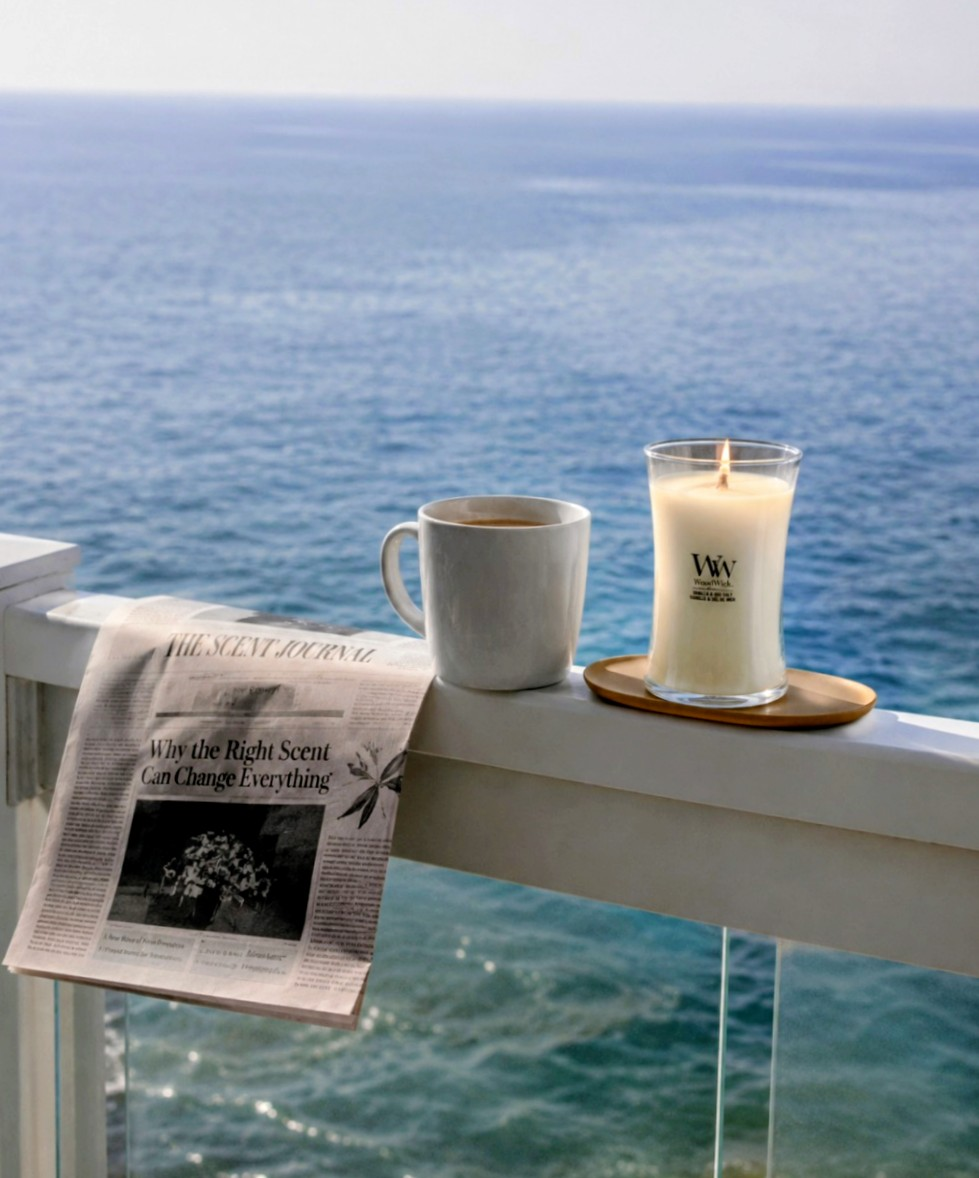 WoodWick kaars met uitzicht op zee